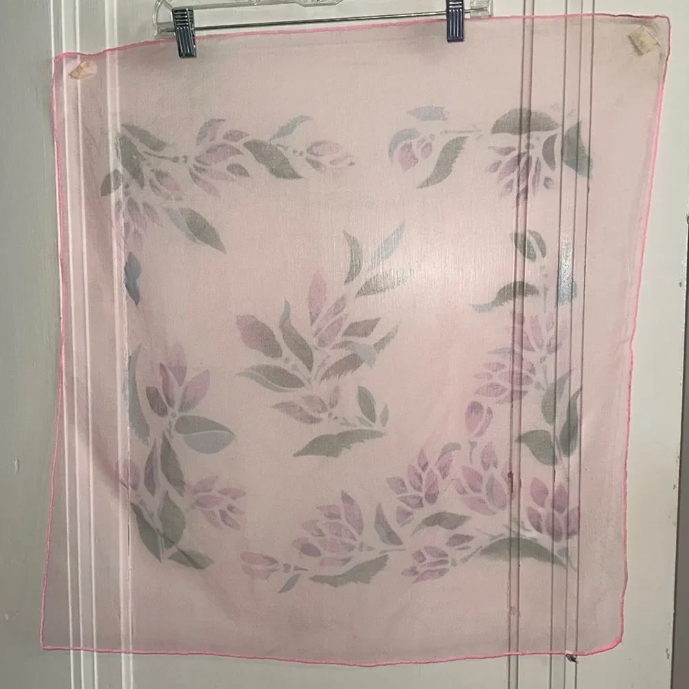 Vintage S Kratish pink nylon semi sheer chiffon scarf with‎ floral design
